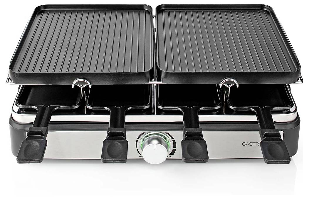 Double electric grill with four interchangeable plates and adjustable temperature control knob, suitable for grilling various foods.