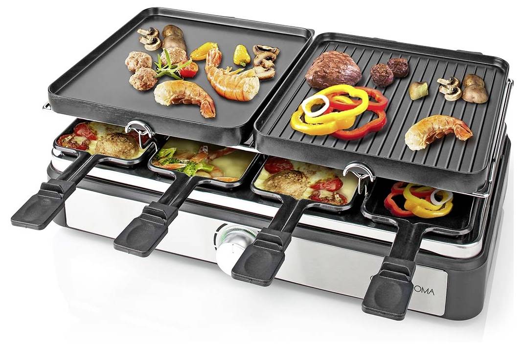 Dual-surface grill with various foods like shrimp, vegetables, and meats on a flat and ridged grill. Below, individual pans with grilled vegetables.