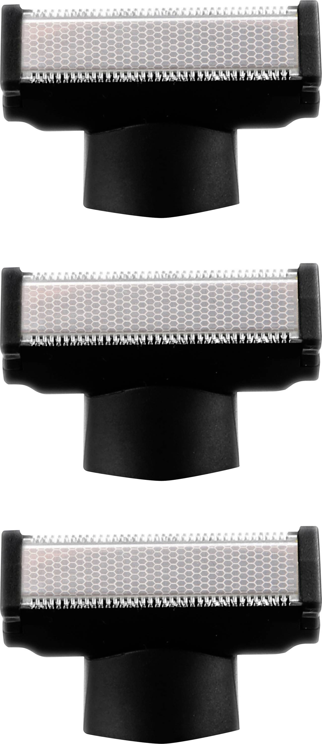 Three black razor blade attachments aligned vertically, each with a protective mesh covering.
