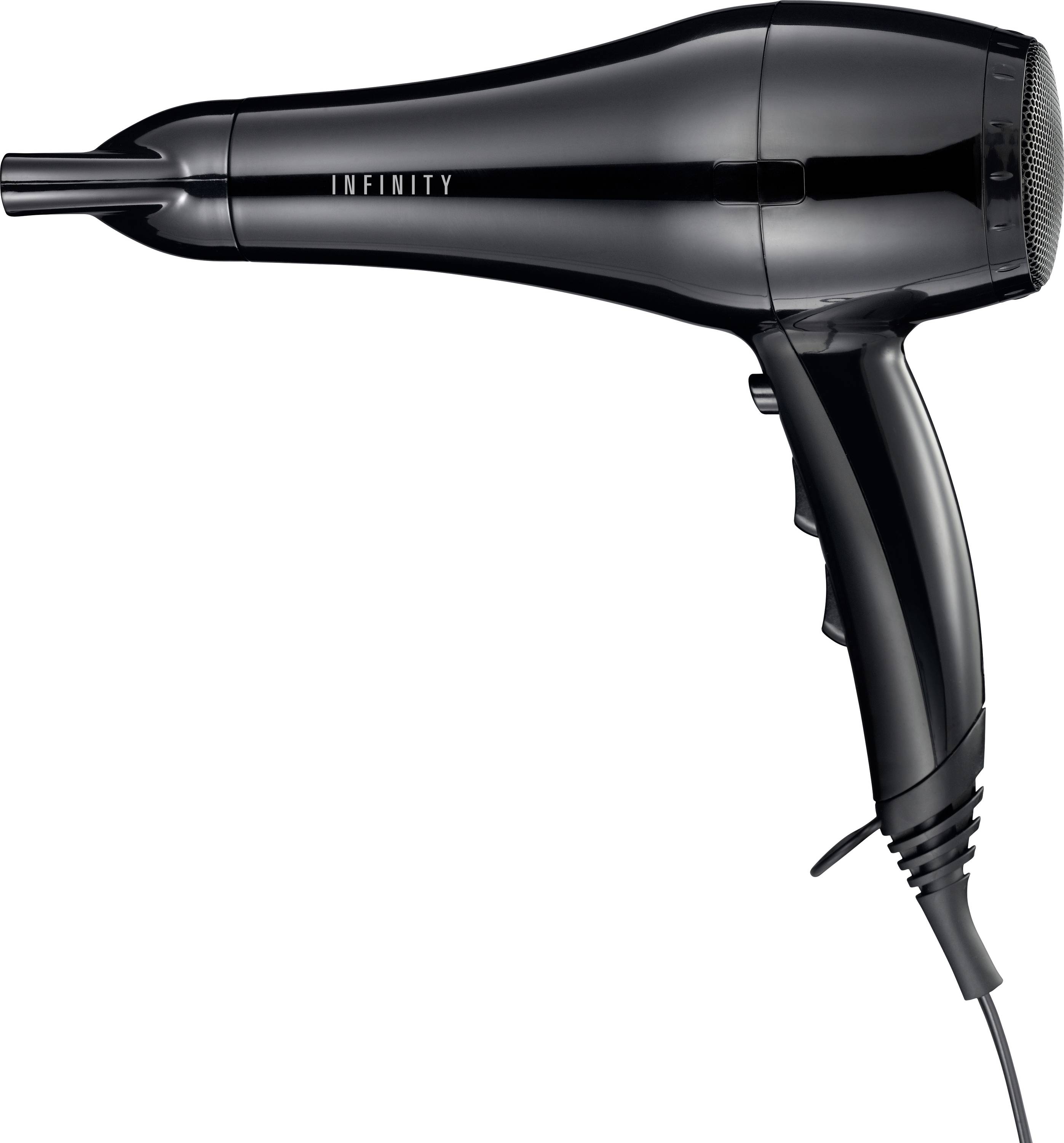 A sleek black hairdryer labeled 'INFINITY' with a modern design, featuring a handle and cord.