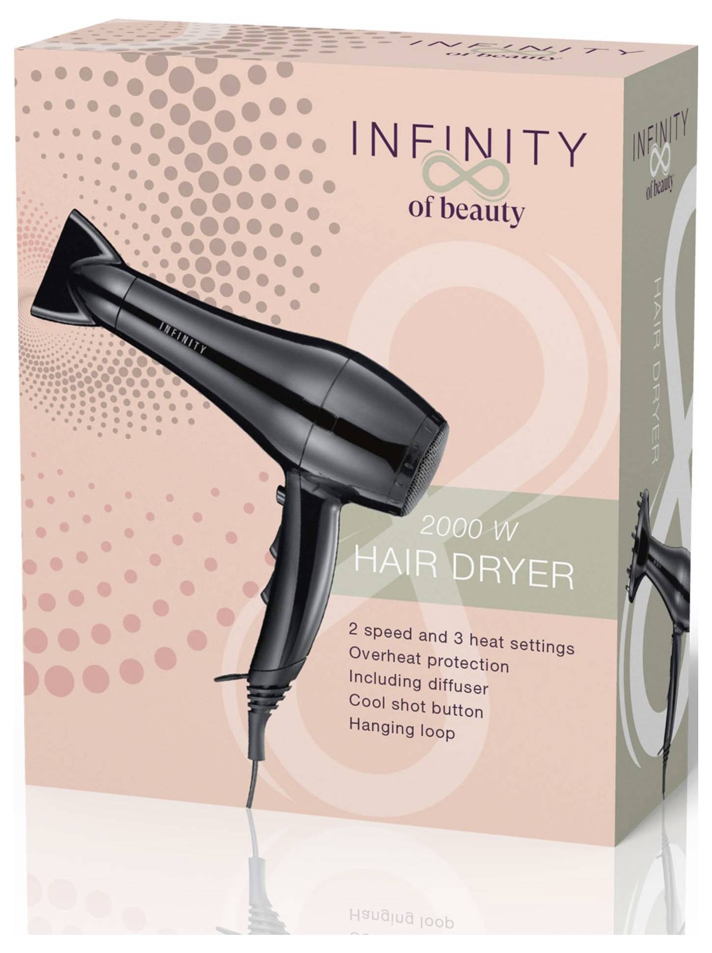 A hair dryer packaging featuring the 'Infinity of Beauty' brand. Highlights include 2000W power, 2 speeds, 3 heat settings, and overheat protection.