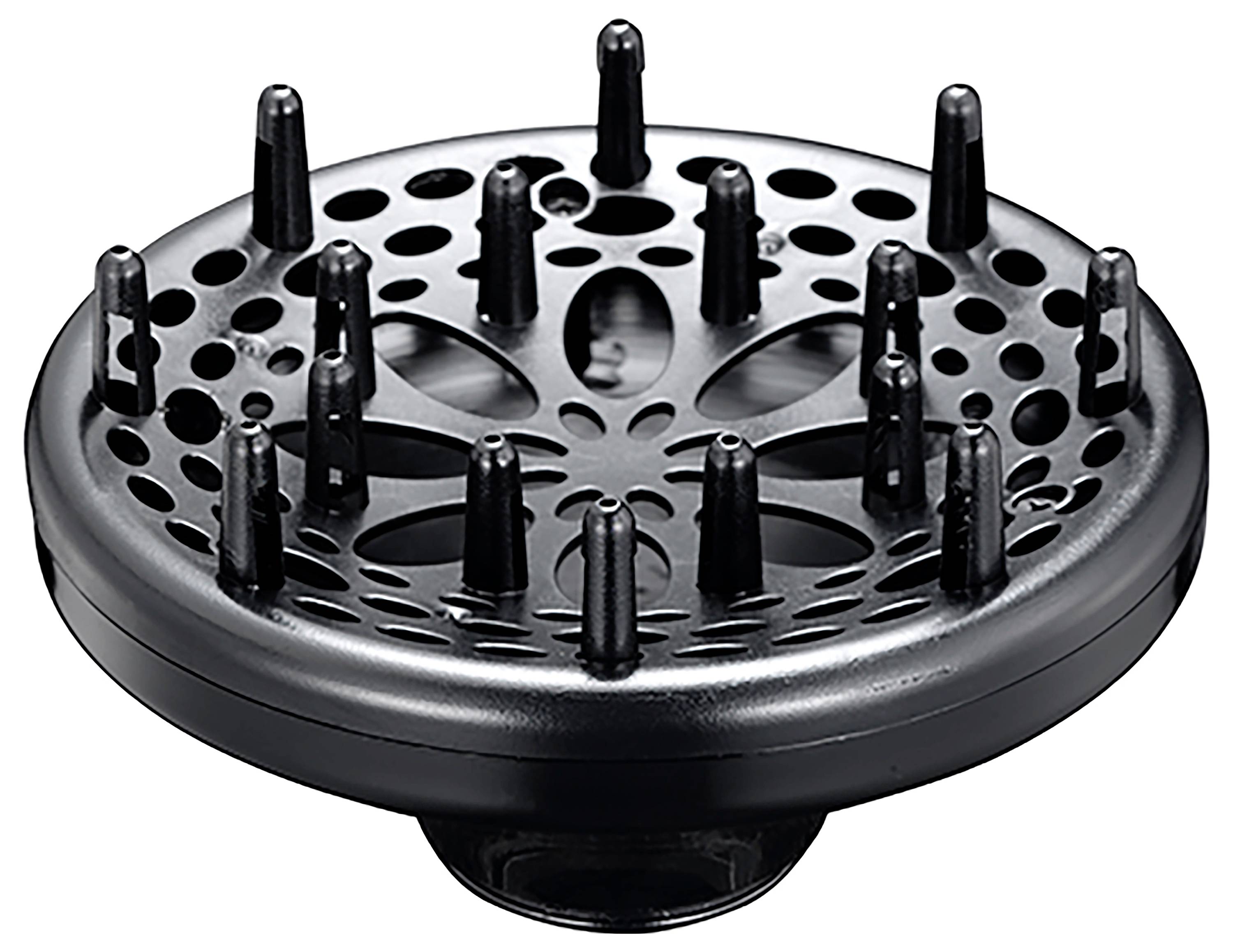 A round black hairdryer diffuser attachment with multiple cone-shaped nozzles for even airflow distribution on hair.