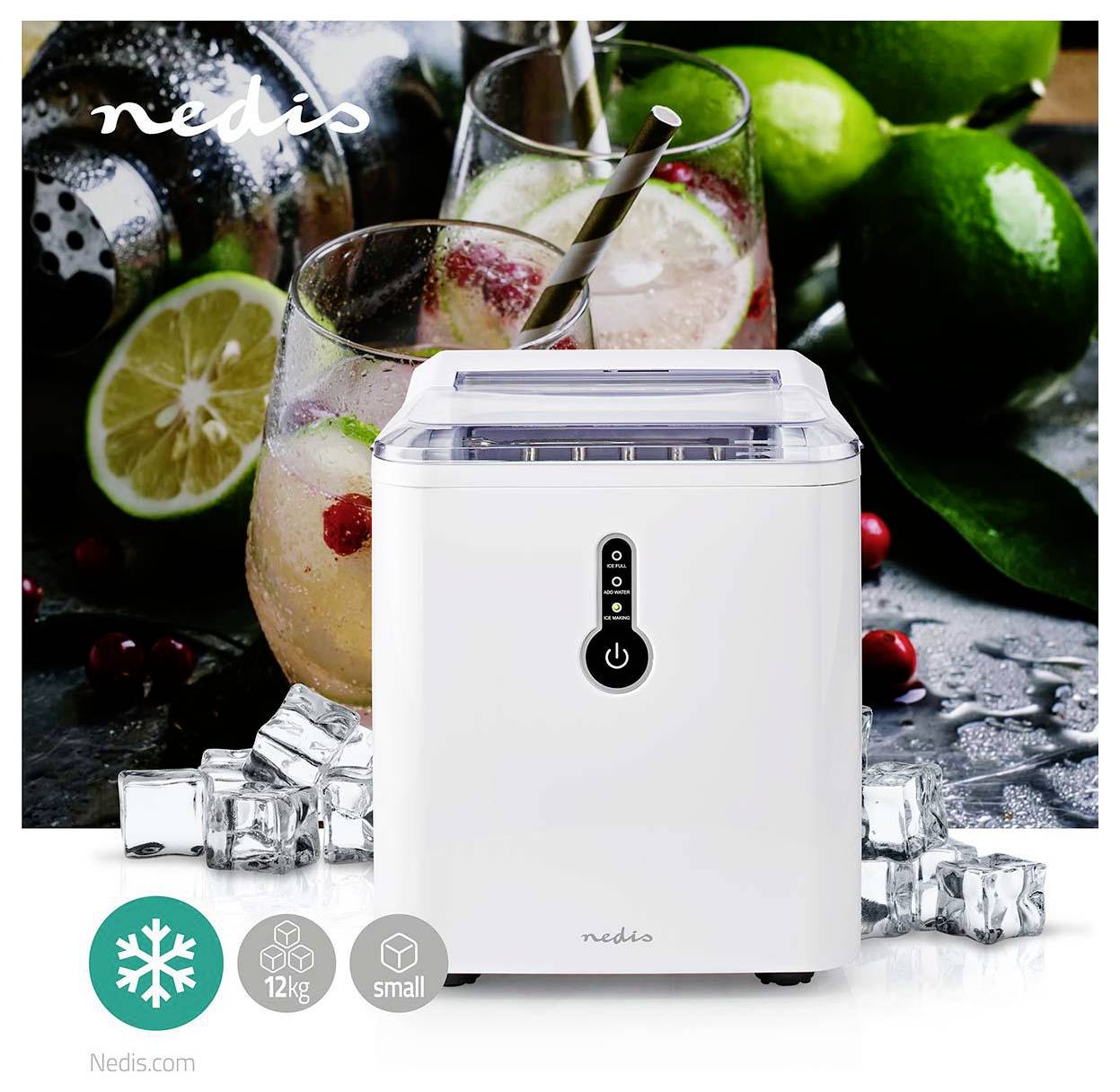 White portable ice maker on a counter with ice cubes and cocktails in the background