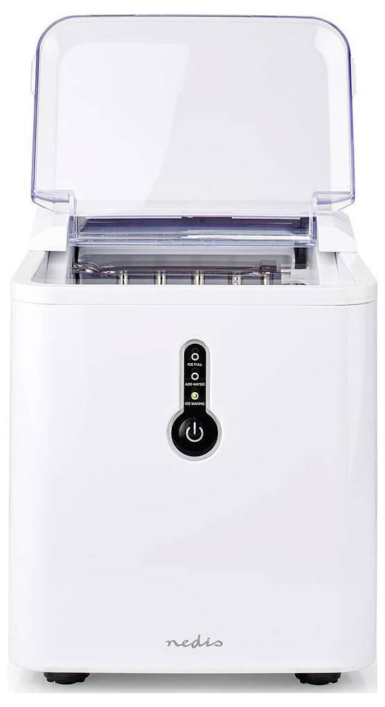 White Nedis ice maker machine with a transparent lid. Features include an on/off button with indicators and visible inside compartments.