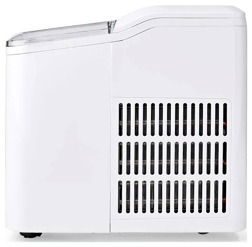 A white countertop ice maker with a sleek design, featuring a ventilated side panel and a transparent lid.