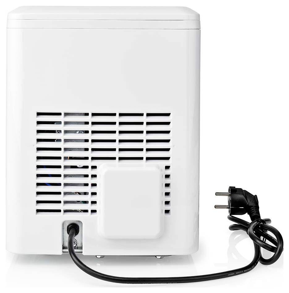 A white compact appliance with a vented back panel and an attached black power cord with a plug, indicating electrical operation.