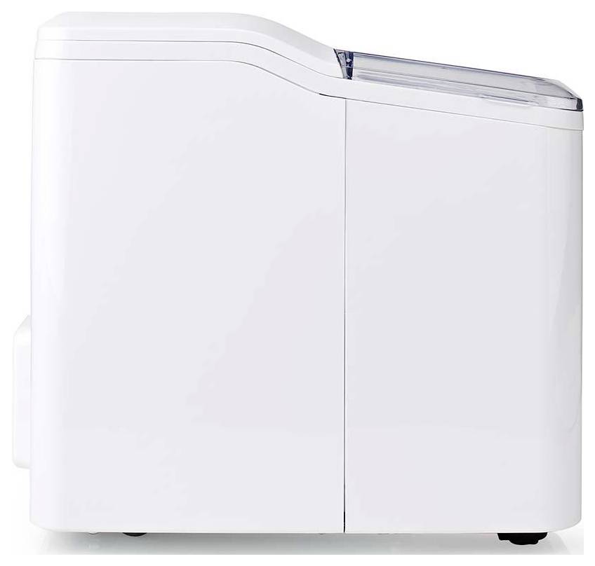 A white countertop ice maker with a closed lid, side view. It has a sleek, compact design, suitable for kitchen use.