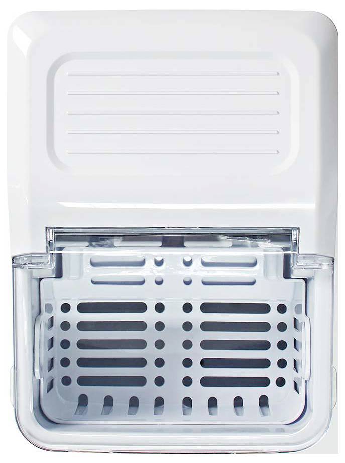 A white ice maker machine with a transparent drawer partially pulled out, showing the interior storage space for ice cubes.