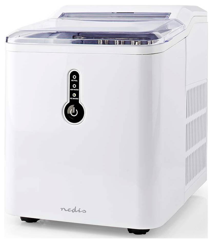 A white Nedis ice maker with a control panel featuring power and ice-making buttons, transparent lid, and modern design.
