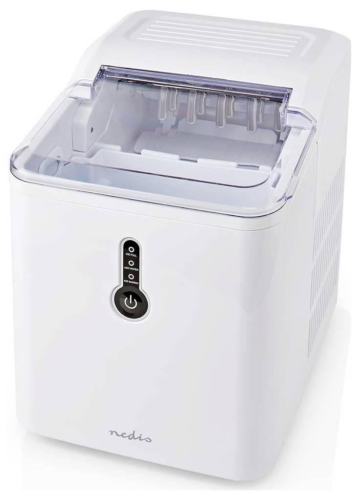 Sleek white countertop ice maker with a transparent lid, control buttons, and Nedis branding, designed for compact, efficient ice production.