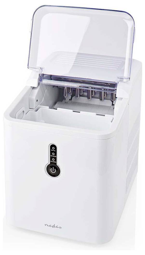 Ice maker with a transparent lid, open to show metal ice-making rods inside. The control panel has a power button and indicator lights.