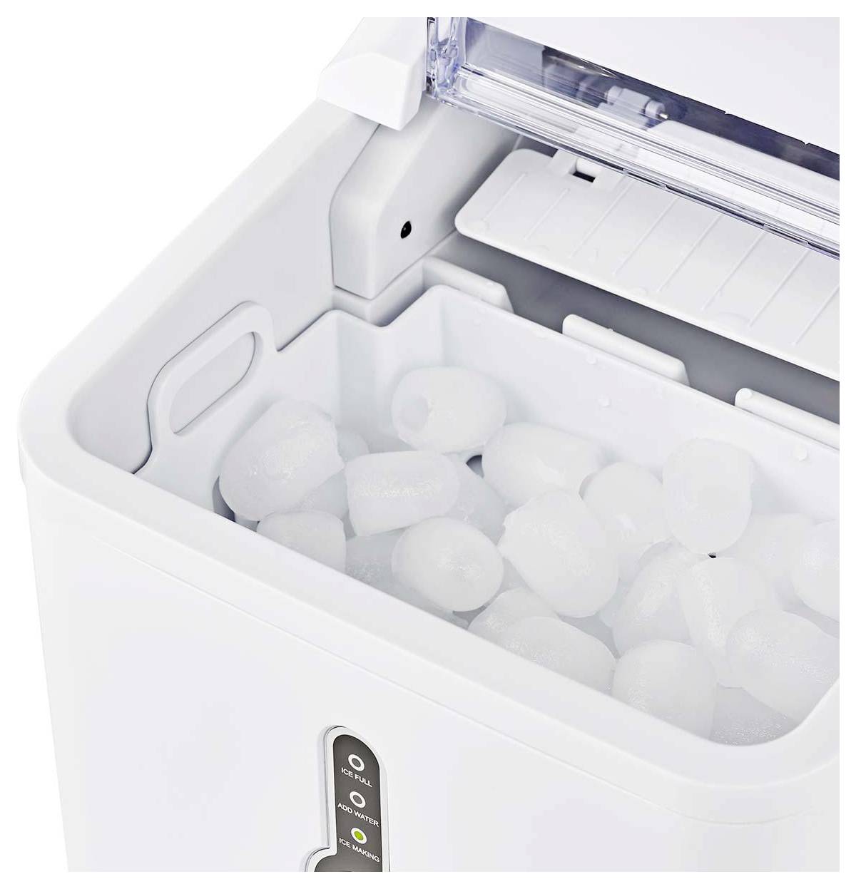 An ice maker filled with oval-shaped ice cubes, showing part of the open lid and control panel with power and full indicators.