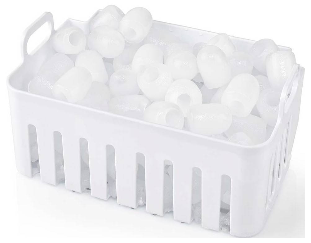 A white storage container filled with multiple translucent water bottle ice cubes.