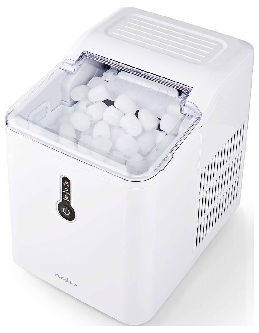 A compact, white countertop ice maker filled with ice cubes, featuring a transparent top lid and front control button.