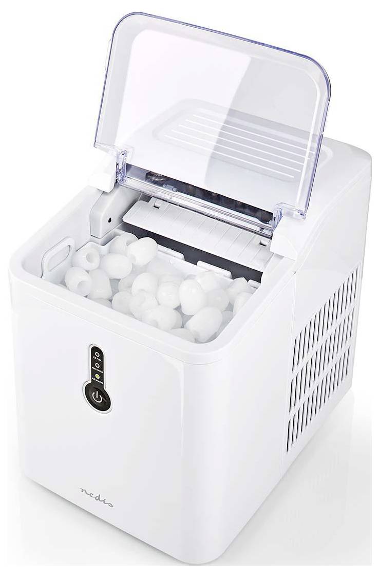 A white countertop ice maker with a clear lid open, showing round ice cubes inside. A digital control panel is visible on the front.