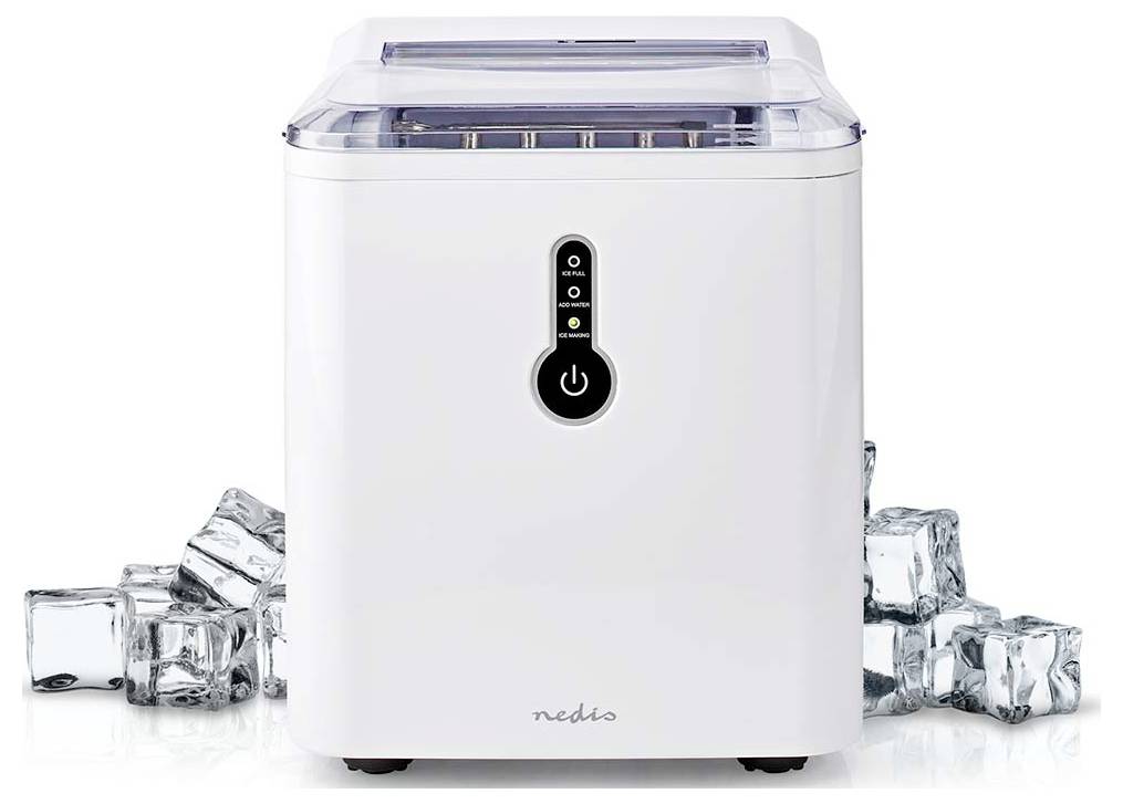 A white tabletop ice maker with a transparent lid, front power button, and piles of ice cubes surrounding the machine.