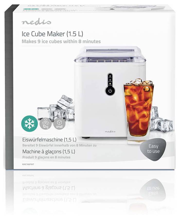 Iced tea in front of white ice cube maker (1.5 L) with ice cubes. Text: Makes 9 ice cubes within 8 minutes. Easy to use.