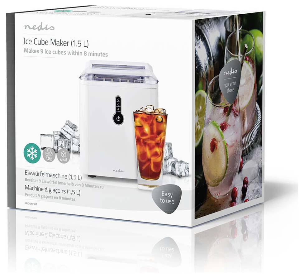 'Ice Cube Maker (1.5 L) by Nedis, makes 9 ice cubes in 8 minutes.' Box image showing an ice maker with ice cubes and a drink.