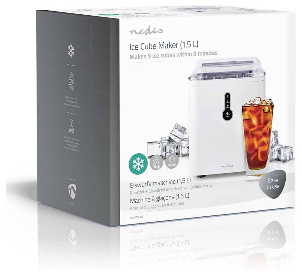 'Ice Cube Maker (1.5 L)' box showing a portable ice machine with a transparent lid and a glass of iced tea. Makes 9 ice cubes in 8 minutes.