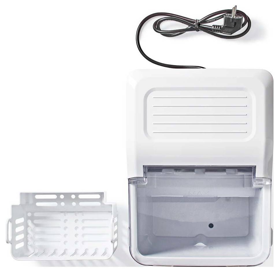 White electric ice maker with a clear bin attachment, removable metal ice basket, and a power cord, viewed from above.