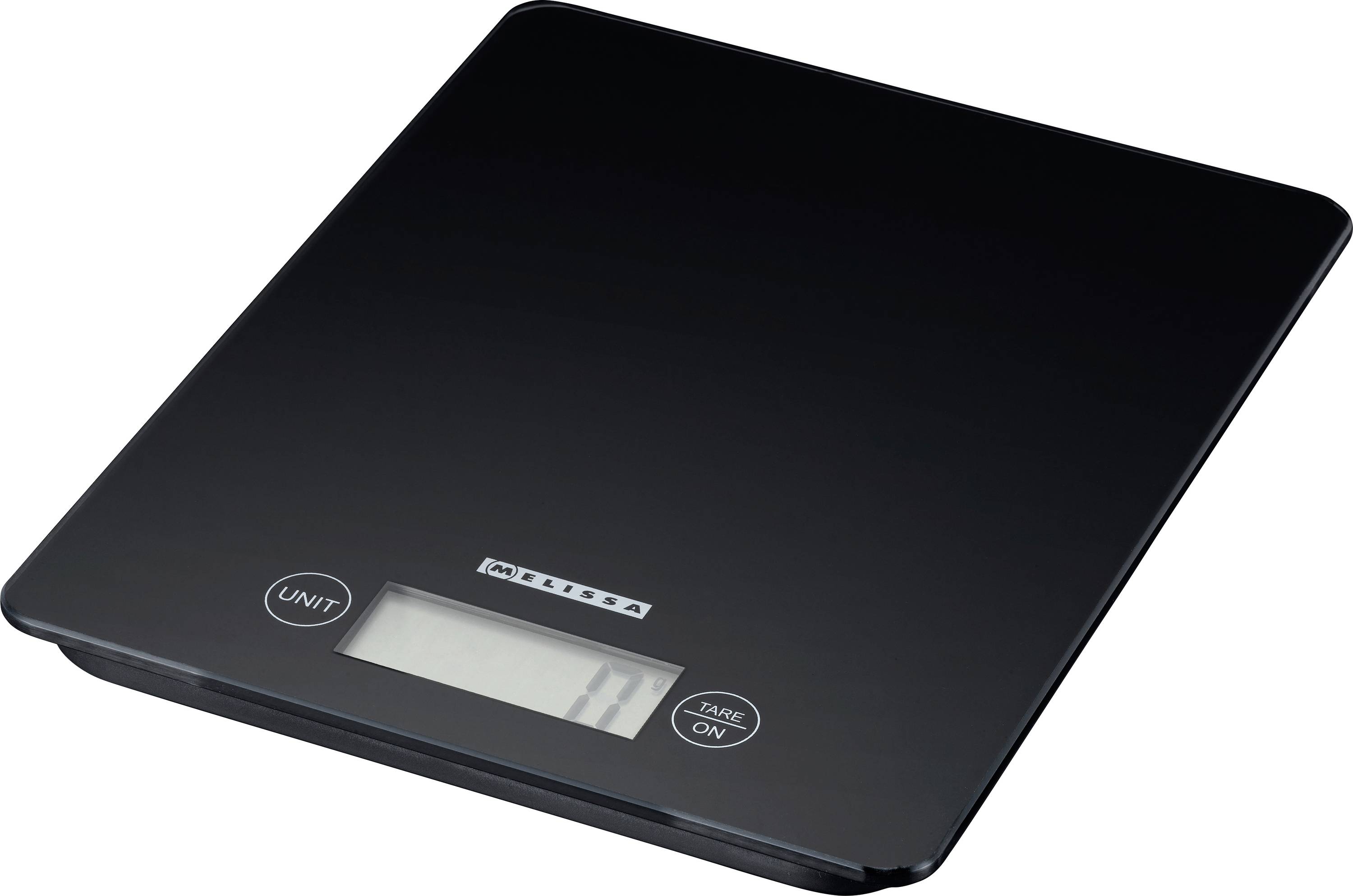 A digital kitchen scale with a black surface, displaying '11' on the LCD screen. There are two buttons: 'Unit' and 'Tare/On'.