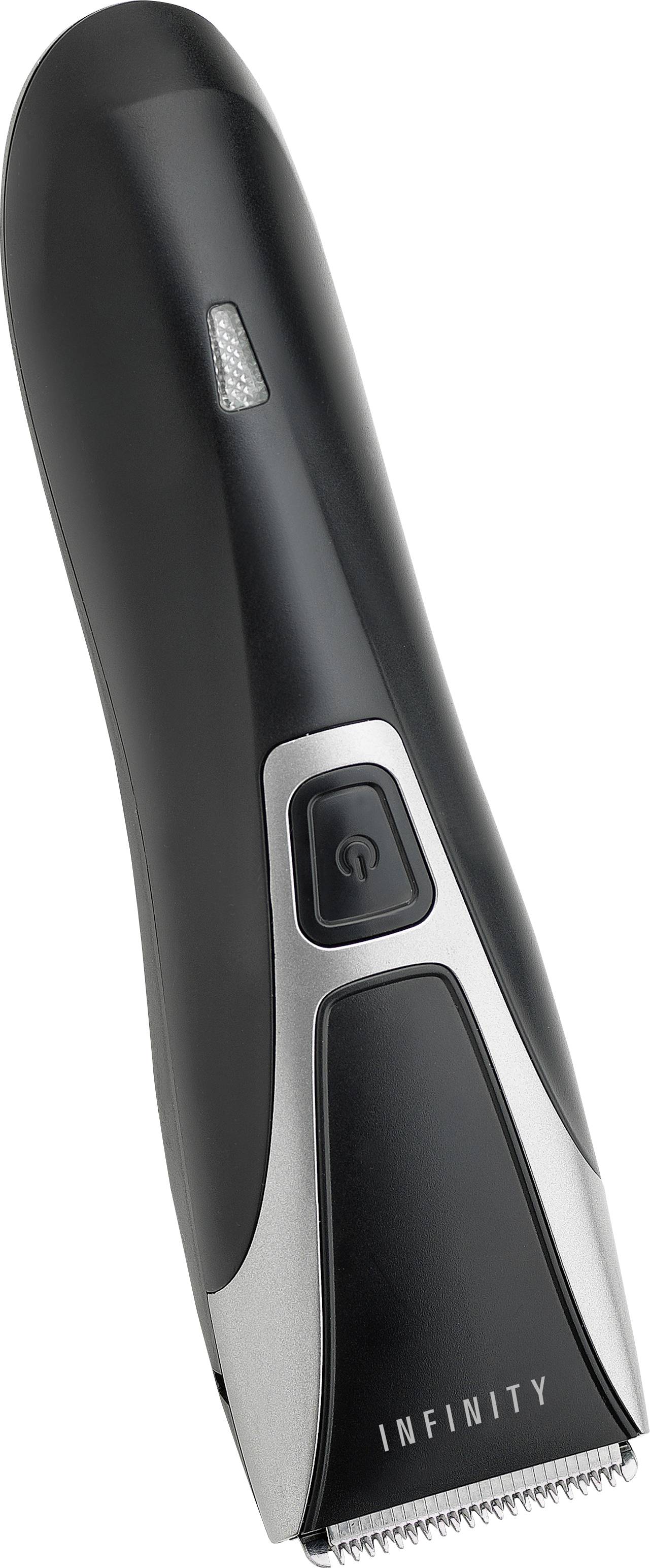Electric clipper with a sleek black and silver design, featuring a power button and the brand name 'INFINITY' near the blade.