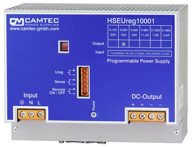The image shows a Camtec HSEureg10001 programmable power supply with input/output terminals, voltage/current settings, and control options.