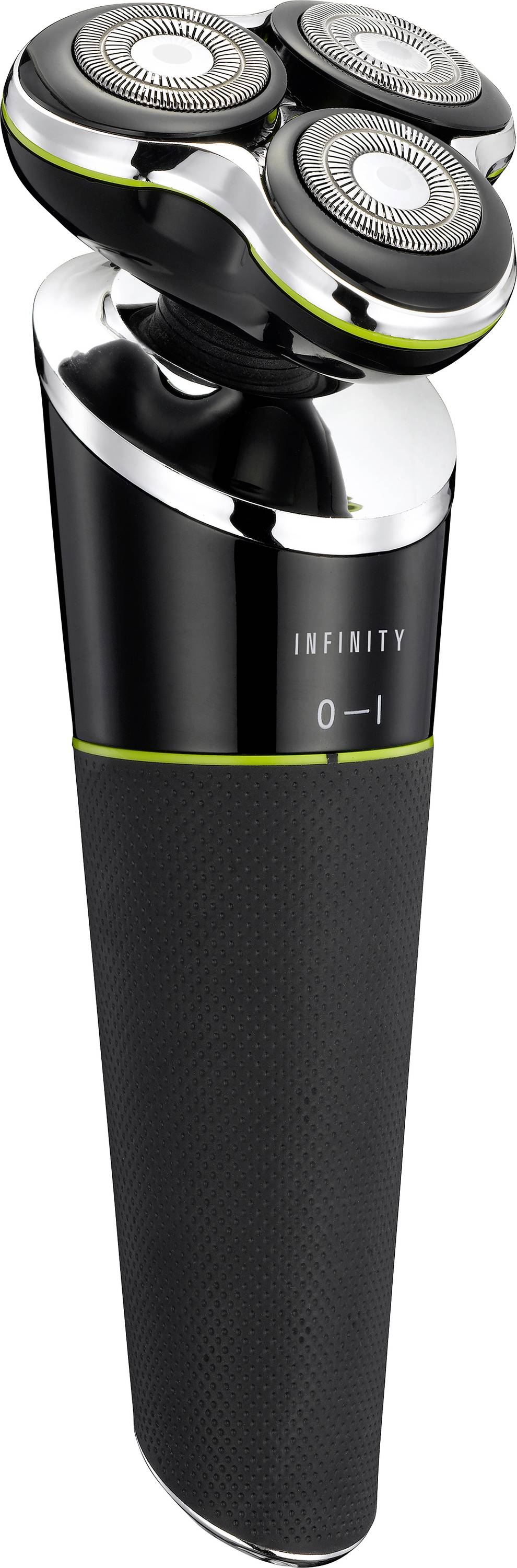 Electric shaver with three rotary blades and a sleek black handle, featuring an 'Infinity' brand label and an on/off switch.