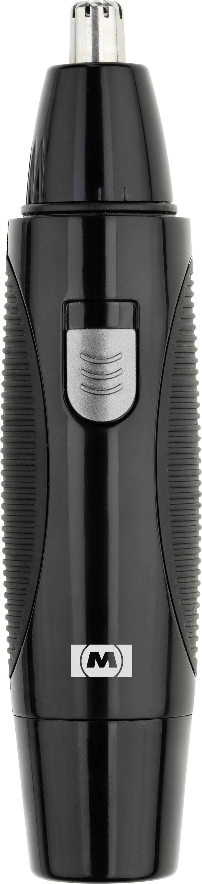 Black electric nose and ear hair trimmer with a silver button and ribbed grip, designed for grooming and personal care.