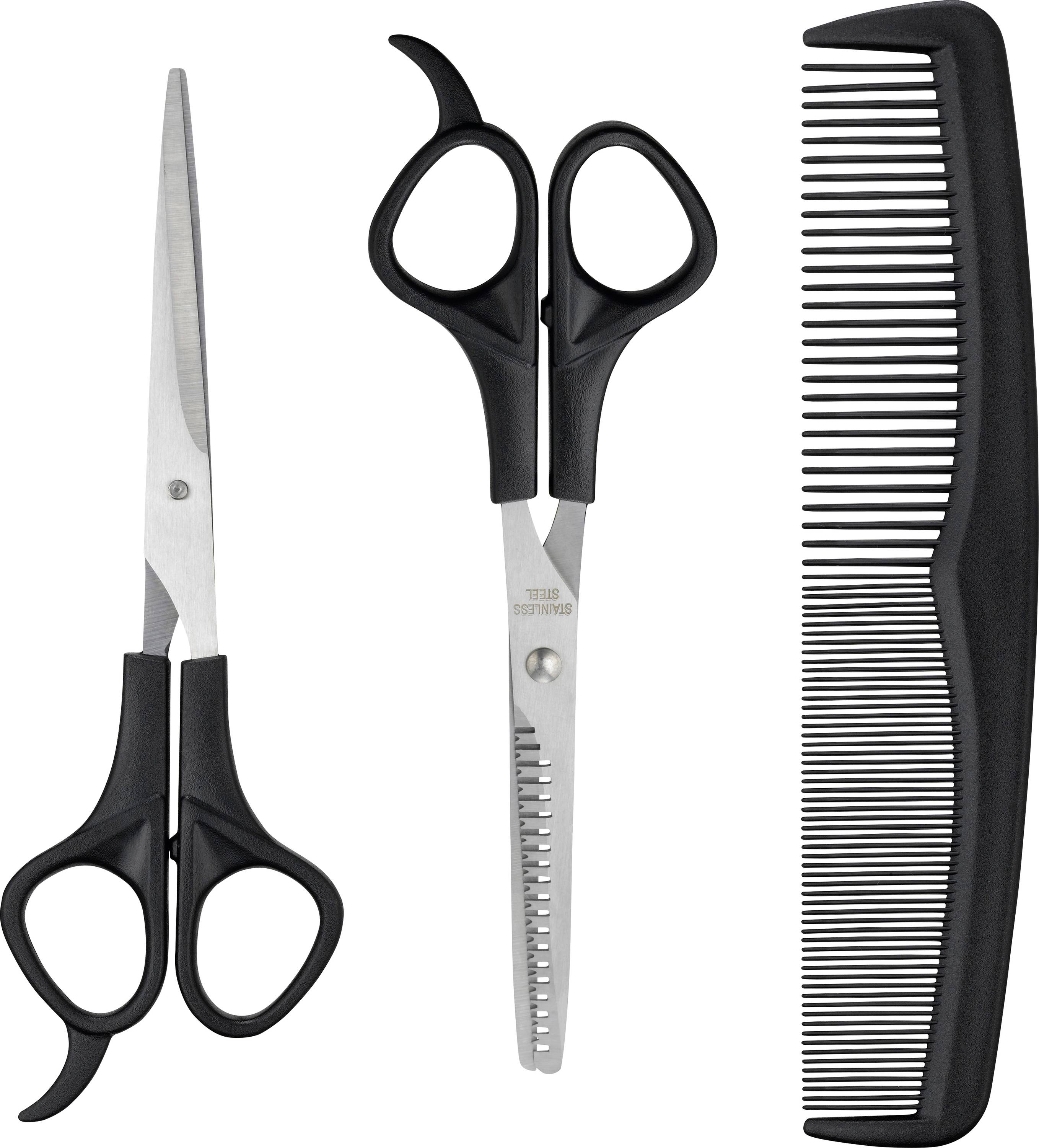 A pair of standard scissors, thinning scissors, and a black comb are arranged vertically side by side against a plain background.