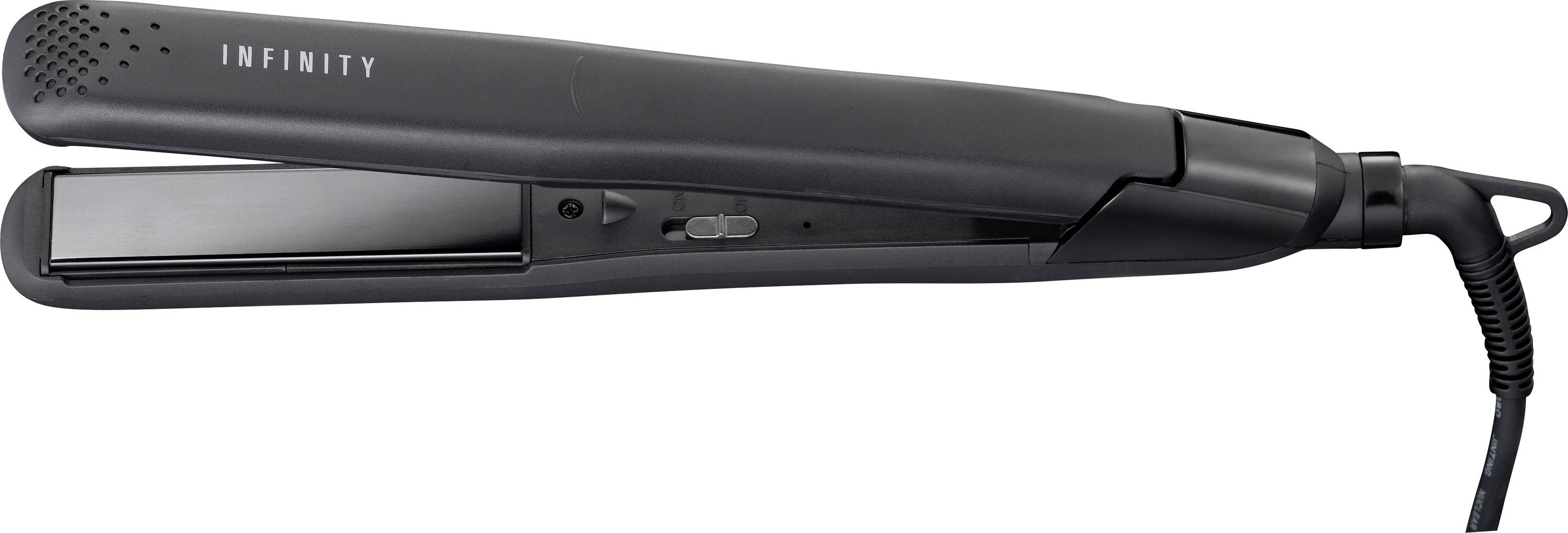 A black hair straightener labeled 'Infinity', featuring a sleek design with a cord extending from the handle.