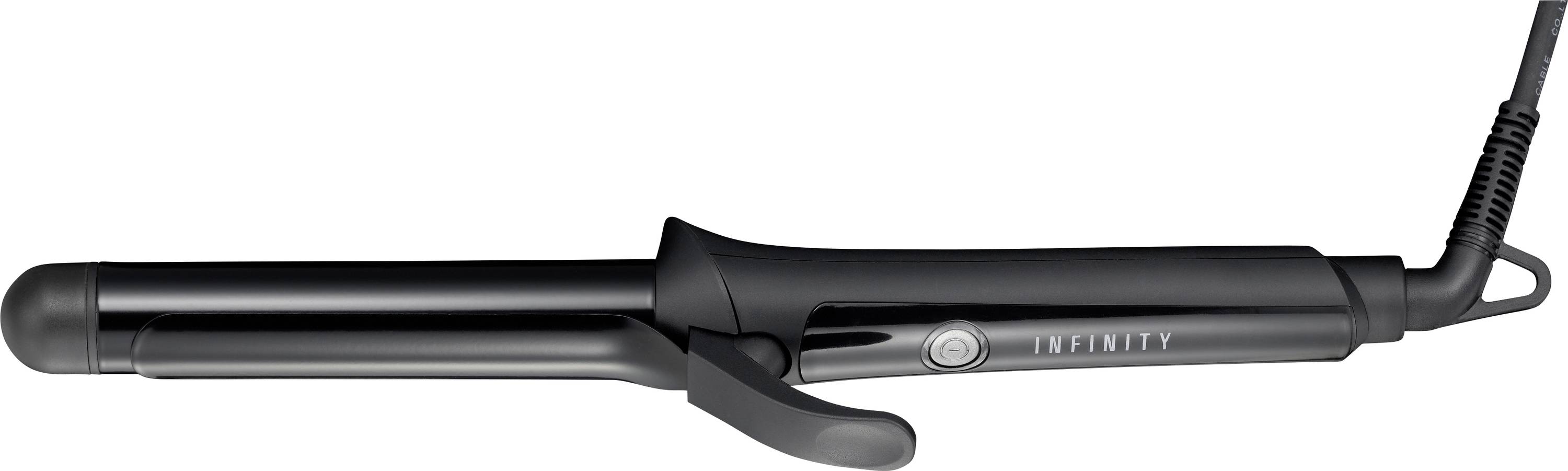 A black curling iron with 'Infinity' brand label, featuring a clip handle and cylindrical barrel.