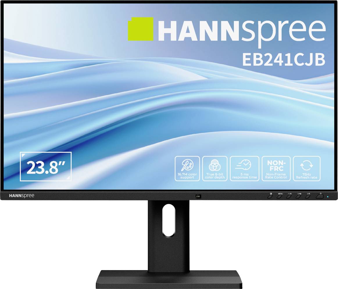Monitor display showing a HANNSPREE EB241CJB screen with wave background. Features include 23.8