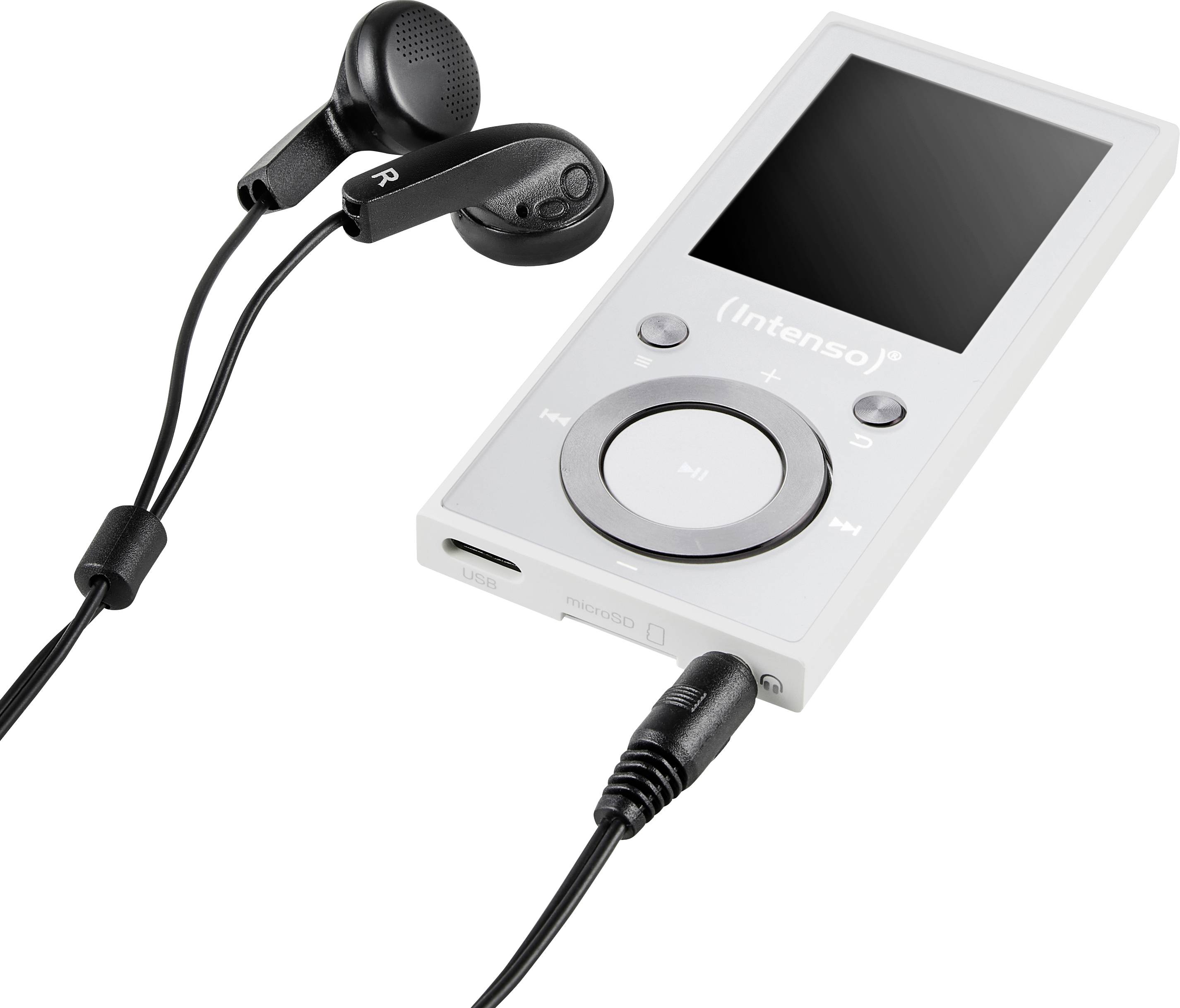 A digital media player with a headphone jack and earbuds, displaying brand name 'Intenso' on the front, alongside control buttons.