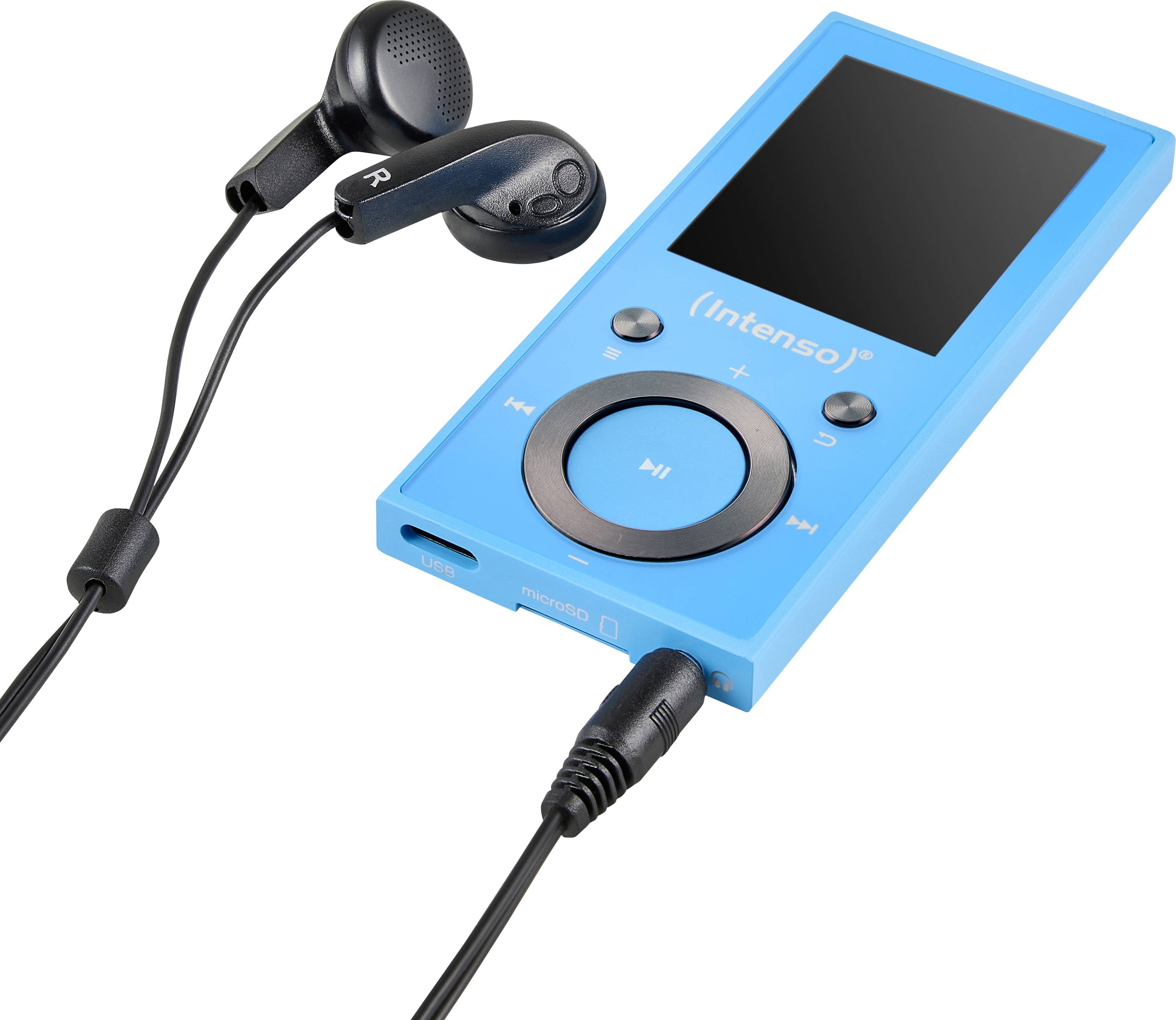 A blue portable music player with a screen, controls marked with symbols, connected to black earbuds.