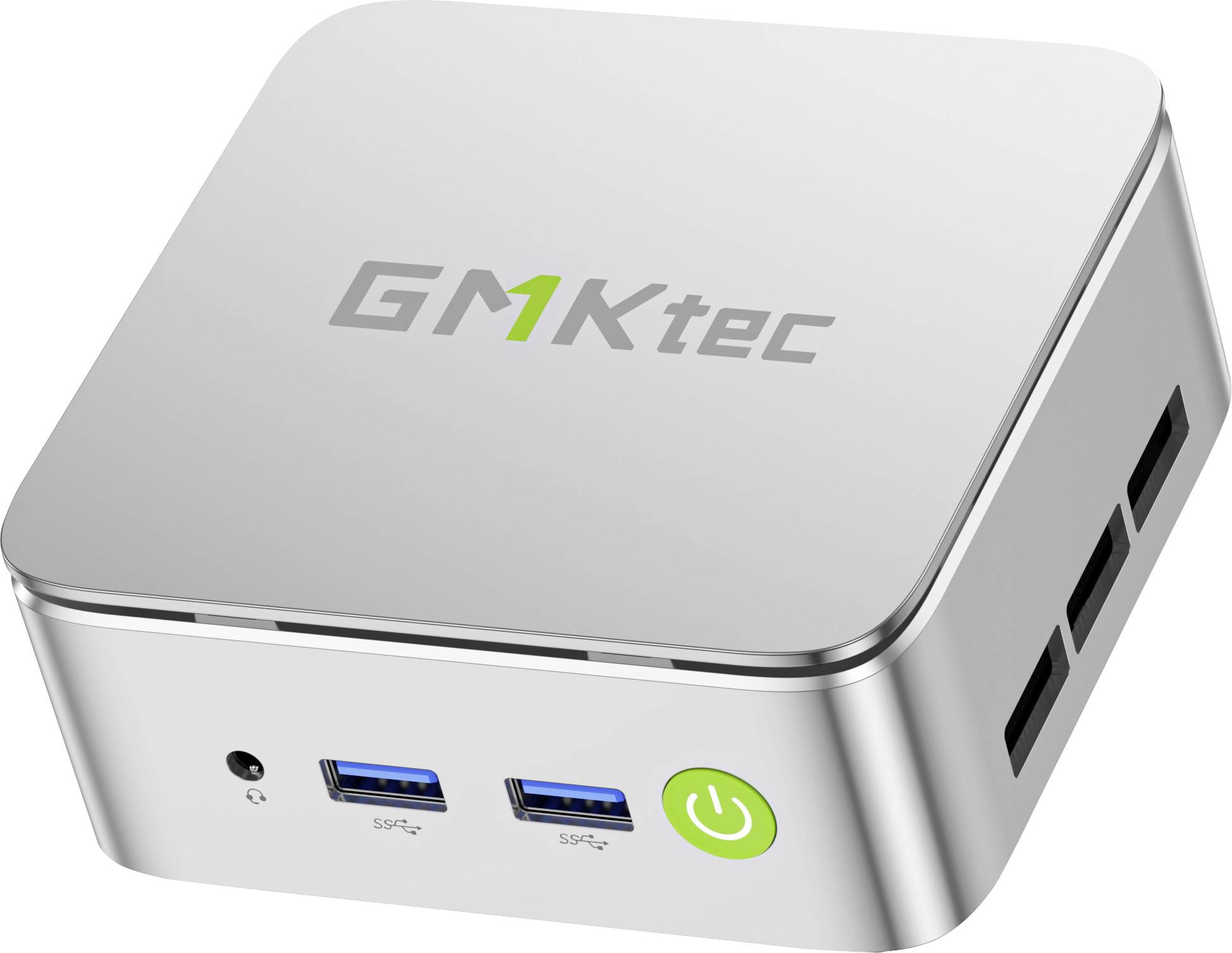 A compact, silver mini PC with ports on the front, including two USB ports, a headphone jack, and a green power button.