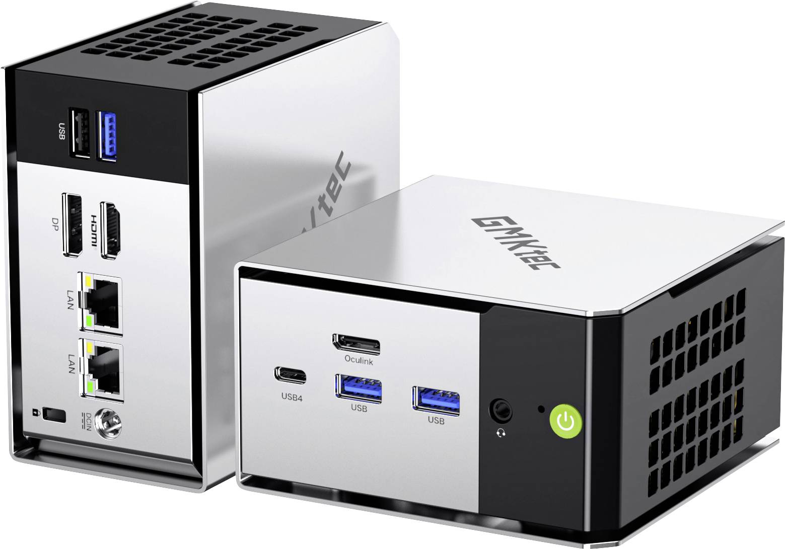 Two silver GINtec mini PCs are shown: one angled with a power button and ports visible, the other with network and USB ports visible.
