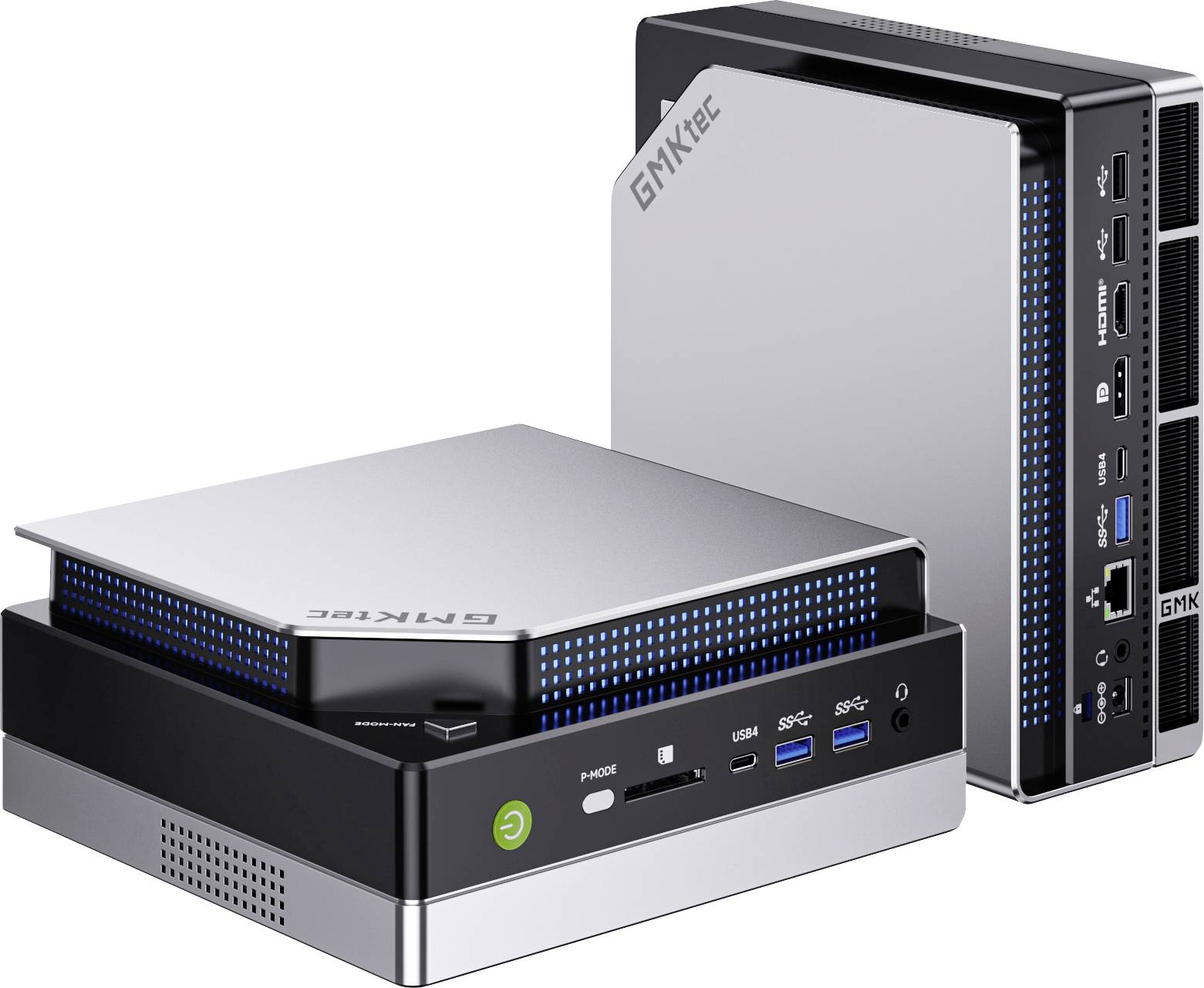 Small-form-factor desktop computers with metallic cases and blue accents, featuring multiple ports, including USB and HDMI.