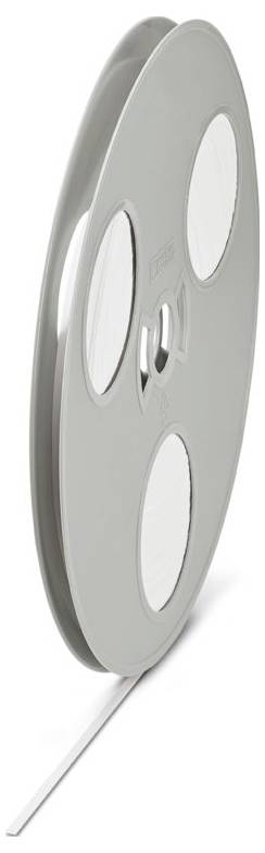 A gray, partially unwound film reel with three circular openings, leaning sideways, displaying the film strip extending from its side.