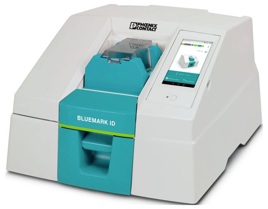 Label printer with screen displaying printing options, branded 'Phoenix Contact' and labeled 'BLUEMARK ID.'
