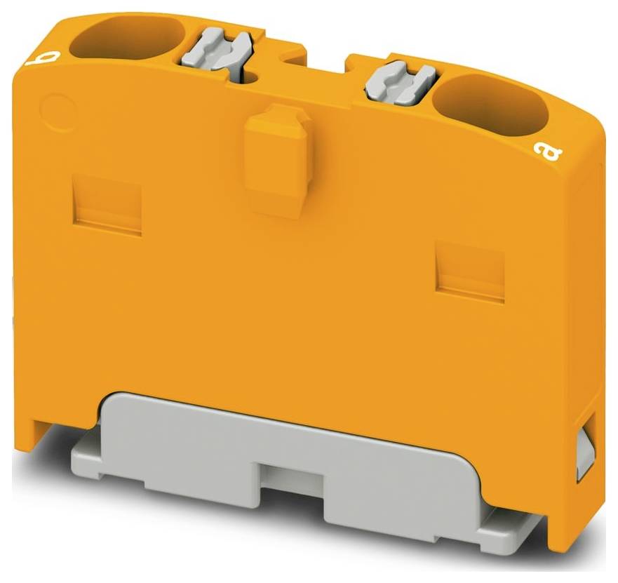 An orange and gray electrical terminal block with two connection points on the top.