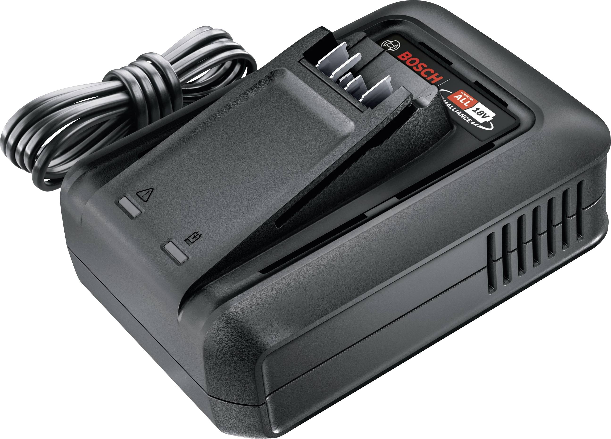 A black Bosch battery charger with a coiled power cable, designed for 18V power tool batteries. The charger features indicators for charging status.