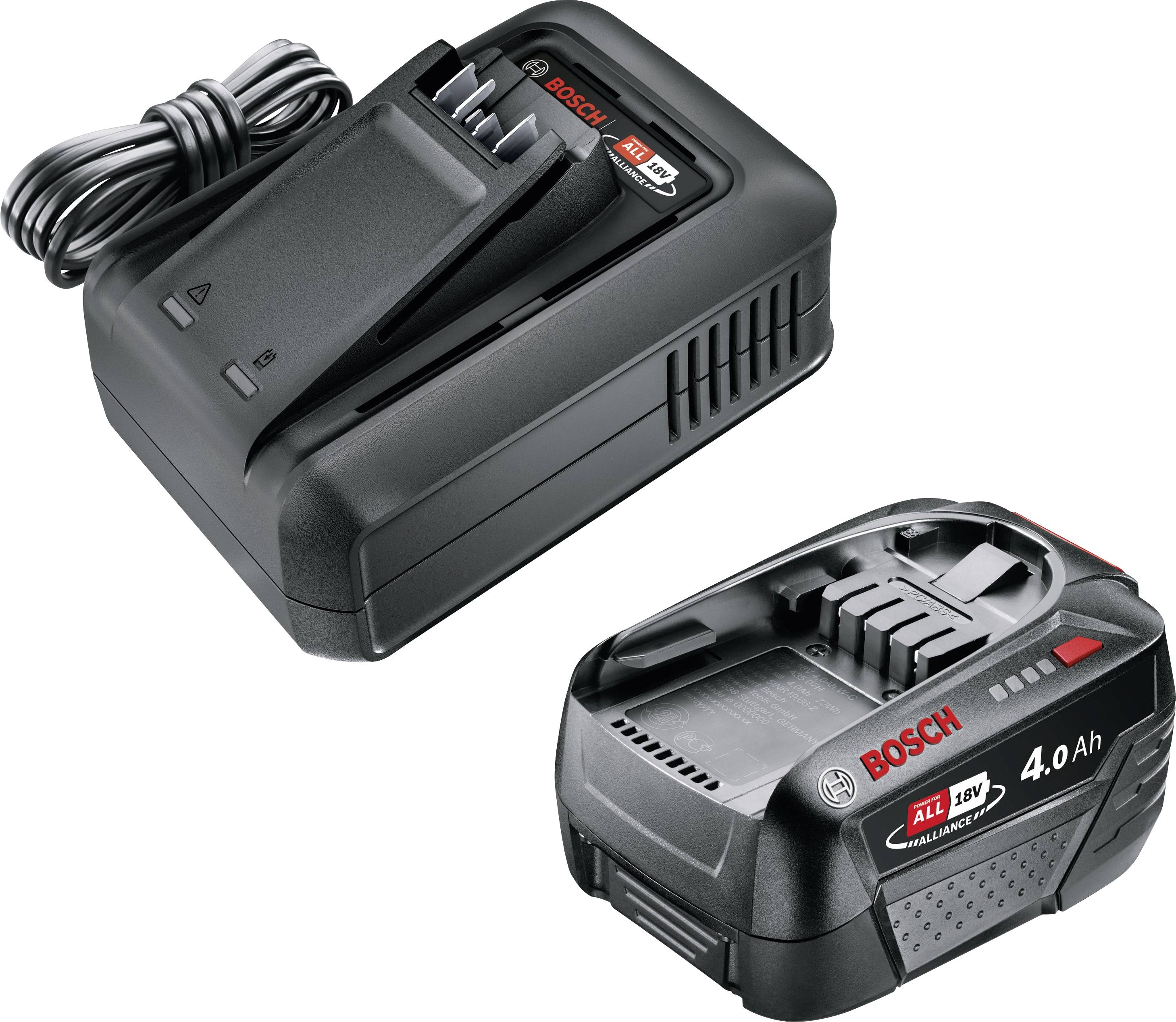 A Bosch battery charger and a 4.0 Ah battery pack from the 18V series, used for cordless power tools, shown side by side.