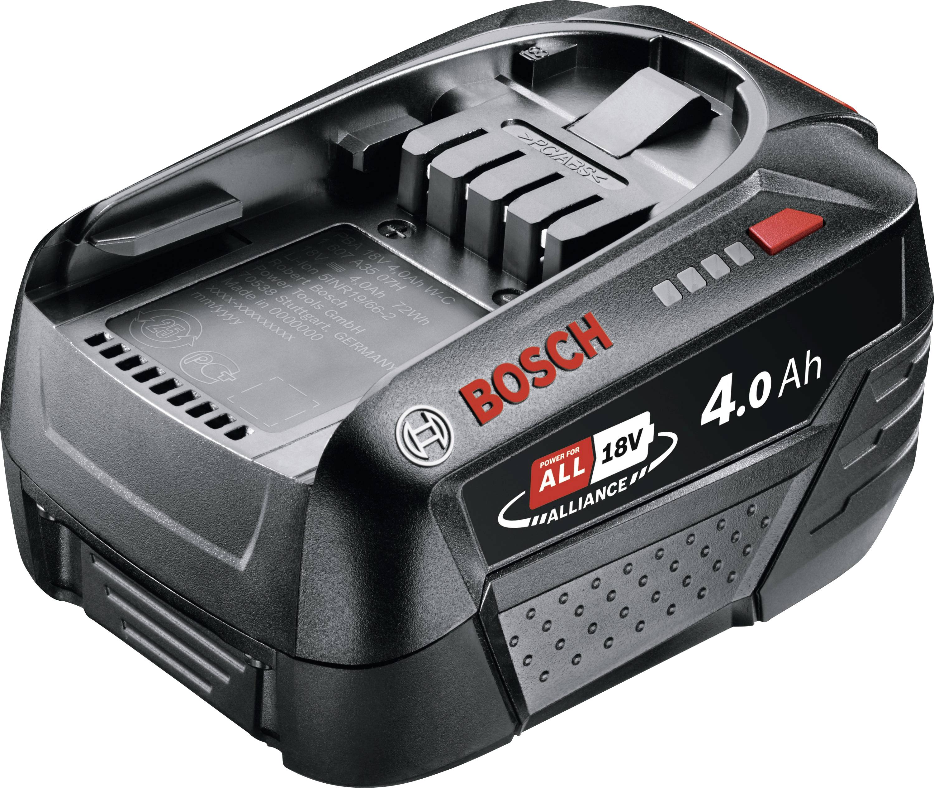 A black Bosch 18V 4.0Ah rechargeable battery for power tools, featuring red branding and compatibility details on the side.