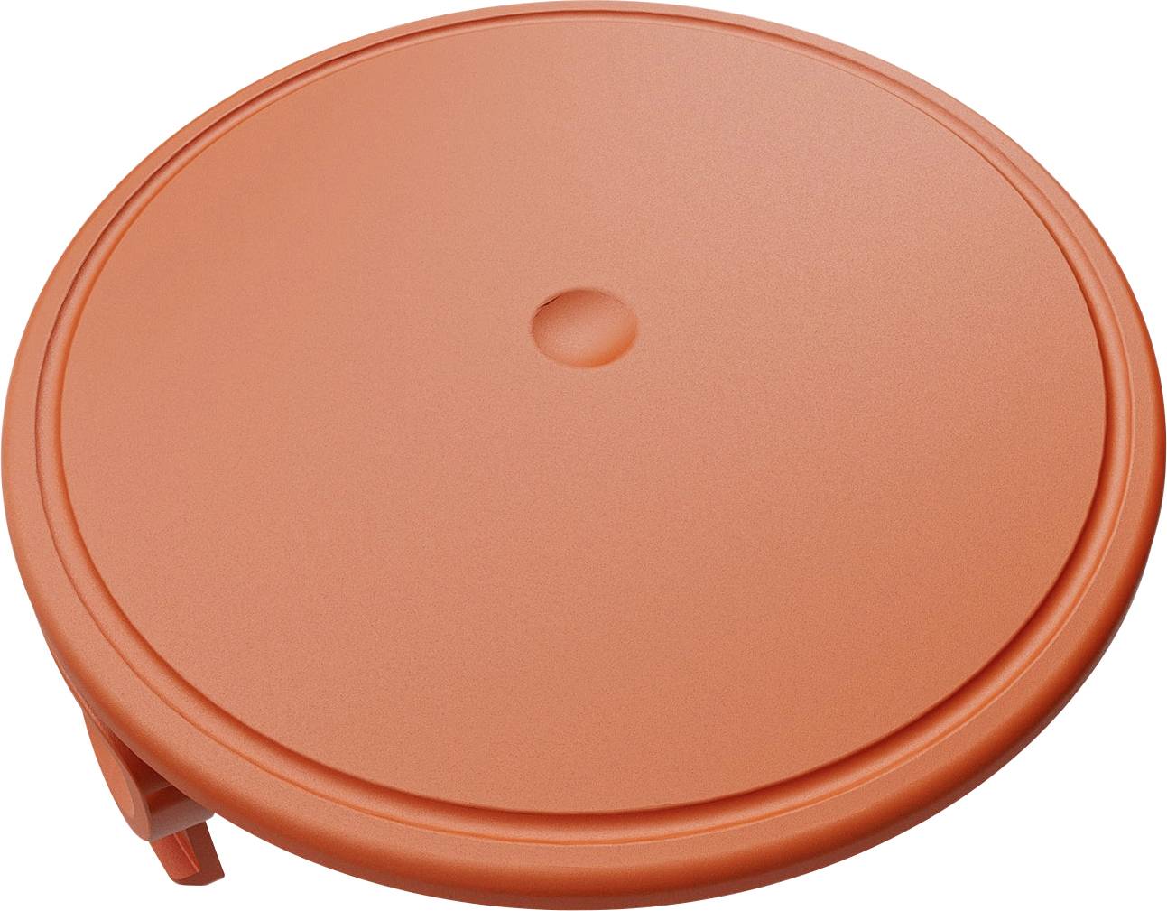 An orange, round plastic lid with a small central indentation, designed for sealing containers.