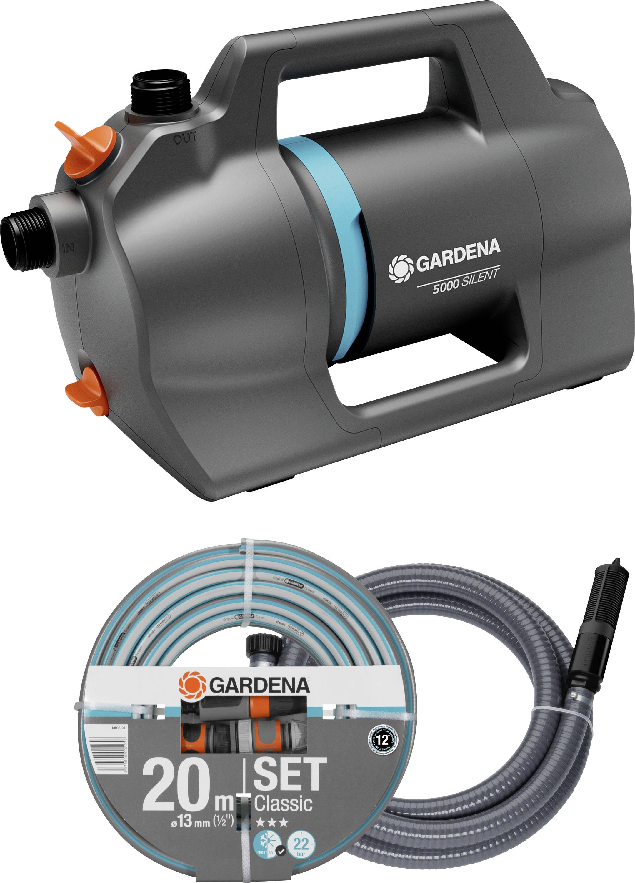 'Gardena' Irrigation Pump Set with 5000/5 ELM Pump and 20 m Hose. Ideal for Household and Garden Use. Grey and Blue Design.