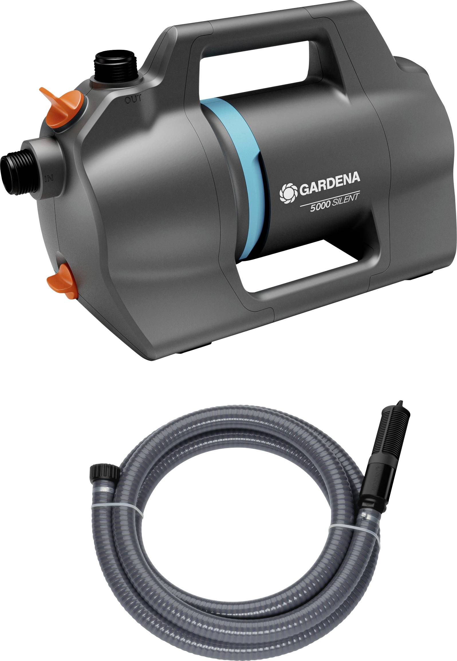 'Gardena 3000 Silent' garden pump with an attached hose. The pump is gray with orange accents and features a handle for easy transport.