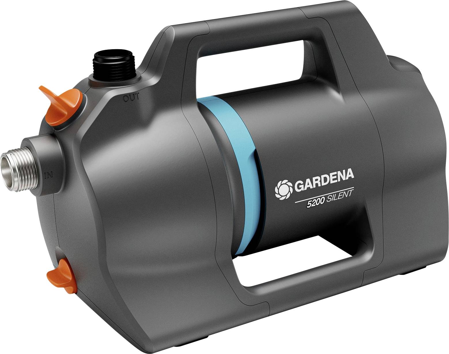 'GARDENA 5200 Silent' water pump, black-grey, ergonomic handle, two connections, compact and quiet, suitable for irrigation.