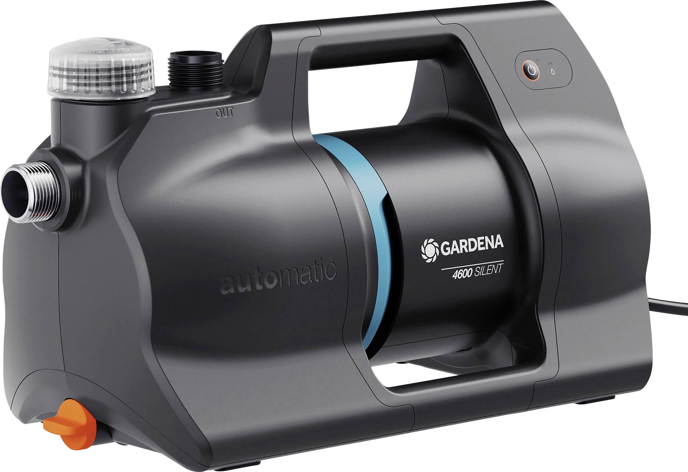 'GARDENA 4000 SILENT' automatic water pump in black and blue. Features ergonomic handle and control panel, with a compact design.