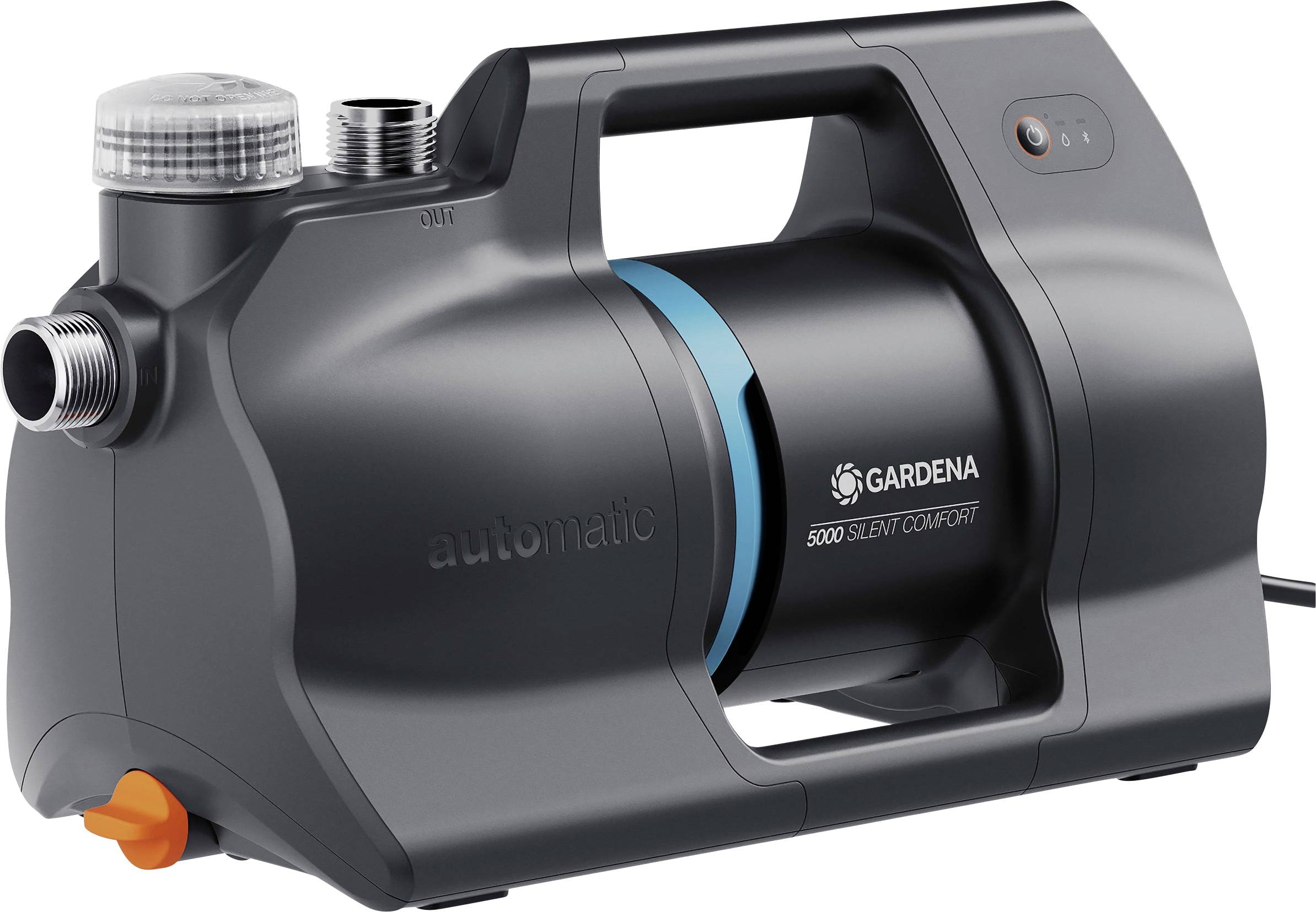 A dark gray automatic water pump by Gardena with a cylindrical body, labeled '5000 Silent Comfort', featuring inlets, outlets, and controls.